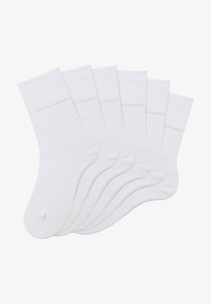 Sechserpack weiße Baumwollsocken mit geripptem Bündchen, glatter Textur und klassischem Knöcheldesign.