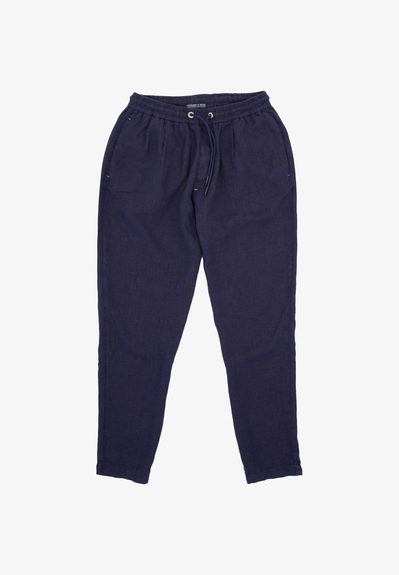 Pantalon bleu marine décontracté avec taille élastique, cordon de serrage, deux poches latérales et jambes fuselées, posé à plat sur fond blanc.