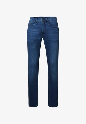 Dunkelblaue Jeans aus Denim mit geradem Bein, im fünf-Taschen-Stil, subtiler Ausbleichung und Metallknopfverschluss an der Taille.