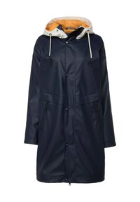 Námořnický voděodolný plášť do deště s bílou kapucí, oranžovým podšívkou, zacvakávacím zapínáním a dvěma předními kapsami na zip. Obsahuje stahovací šňůrky pro úpravu.