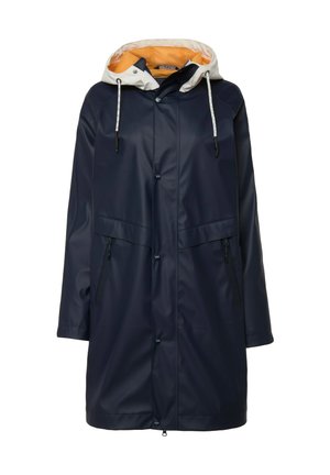 Impermeabile navy con cappuccio bianco, foderato in arancione, chiusura a scatto e due tasche frontali con zip. Include lacci per la regolazione.