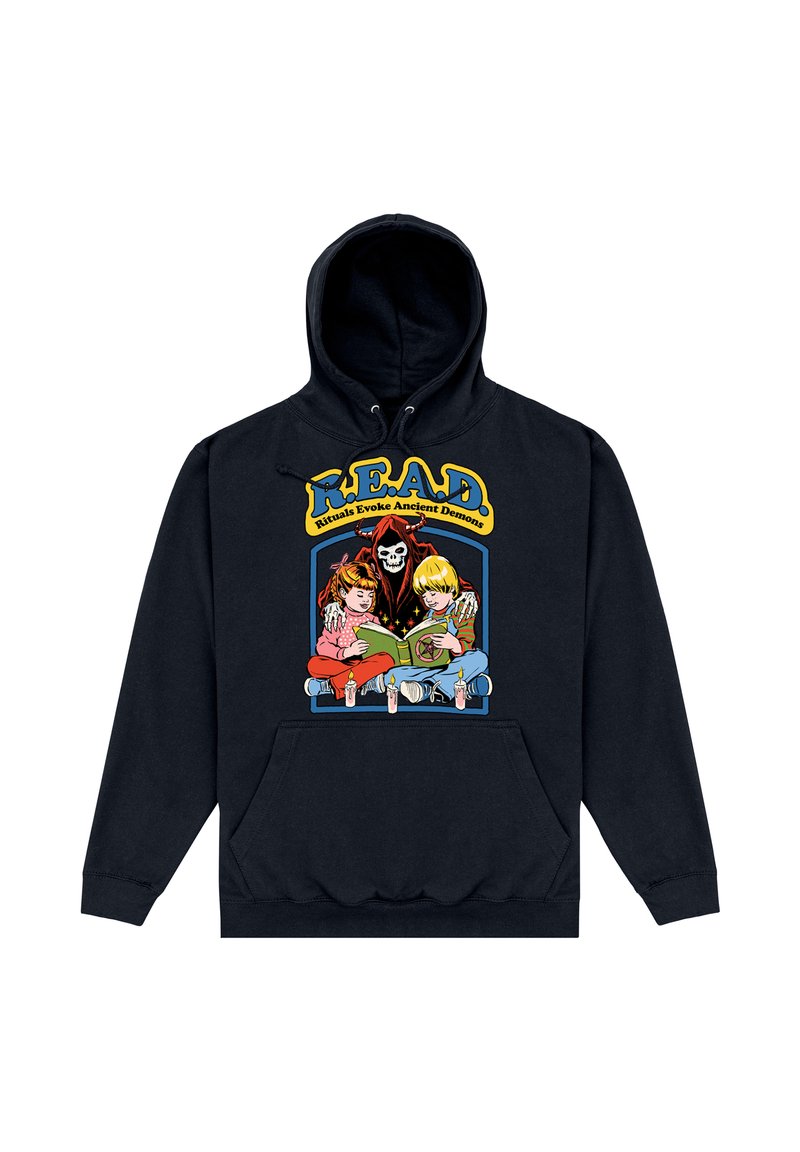 Černá mikina s grafikou a textem "R.E.A.D. Rituals Evoke Ancient Demons", zobrazující dvě děti a kostlivou postavu.