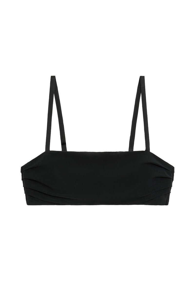 Top bandeau negro con tirantes finos ajustables, que presenta una textura fruncida y un acabado suave. Diseño simple, adecuado para combinar.
