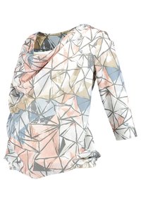 T-shirt de maternité en tissu doux avec un col drapé. Présente un motif géométrique aux couleurs pastel, comprenant le rose, le bleu et le beige.