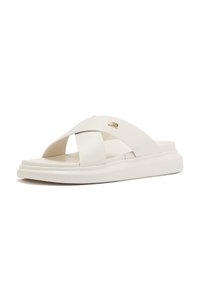 Infradito bianchi con design incrociato, realizzate in pelle liscia. Presentano una soletta imbottita e un accento dorato discreto sul lato.
