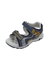 Sandales pour enfants en denim bleu avec des accents jaunes, des bandes auto-agrippantes et une semelle blanche texturée. Présente un graphique de dinosaure sur le côté.