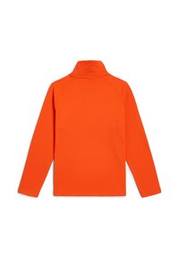 Oranje lange mouwen pullover met een hoge kraag, gemaakt van een gladde stof. Heeft raglanmouwen en een eenvoudig ontwerp zonder patronen.