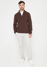 Brauner Reißverschluss-Pullover mit hochgeschlossenem Kragen, getragen über einem weißen T-Shirt, kombiniert mit hellgrauen Hosen und weißen Sneakern.