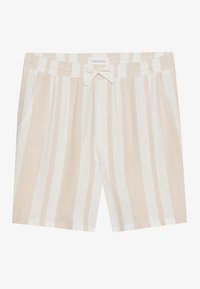 Pantalones cortos de mezcla de lino con un patrón a rayas en crema y beige. Cintura elástica con cordón ajustable y bolsillos laterales.