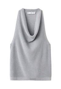Top senza maniche grigio lavorato a maglia con scollatura drappeggiata. Tessuto testurizzato e vestibilità rilassata, con orlo dritto e dettagli minimi.