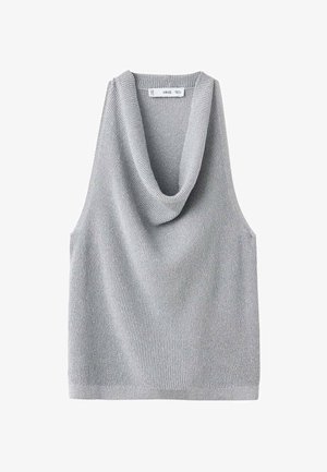 Ärmelloses graues Strickoberteil mit einem drapierten, cowlartigen Ausschnitt. Texturiertes Material und eine lockere Passform, mit geradem Saum und minimalen Details.