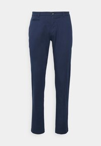 Granatowe spodnie wykonane z bawełny, charakteryzujące się prostym krojem nogawki, frontowymi kieszeniami i zapięciem na guzik. Gładka struktura bez wzorów.