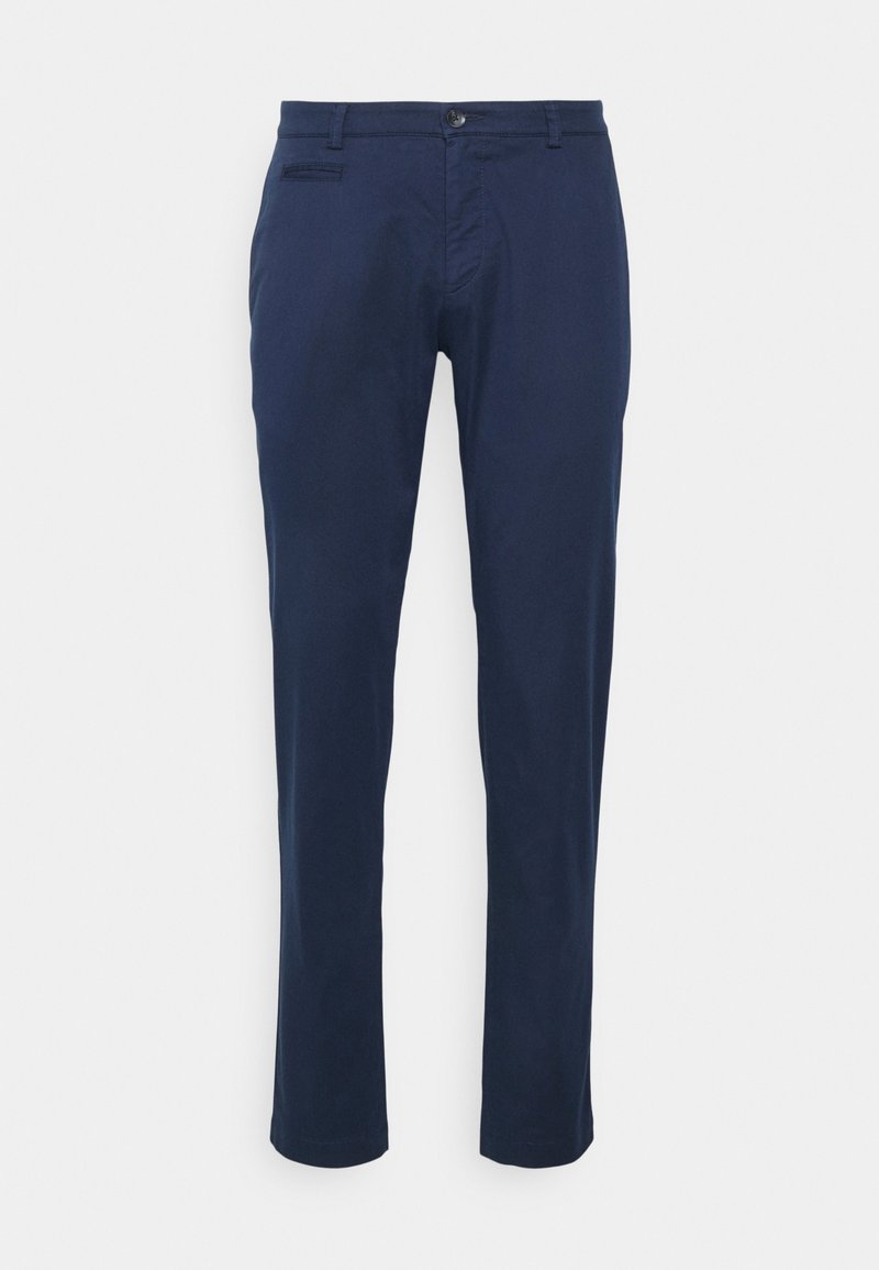 Granatowe spodnie wykonane z bawełny, charakteryzujące się prostym krojem nogawki, frontowymi kieszeniami i zapięciem na guzik. Gładka struktura bez wzorów.