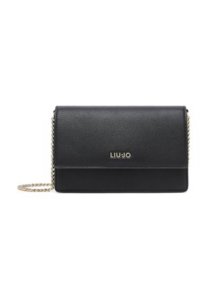 Zwart getextureerd leren crossbodytasje met gouden kettingband en "LIU JO" logo in goud op de voorflap.
