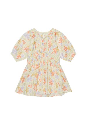 Kurzes Kinderkleid mit Puffärmeln, Blumenmuster in Pastellorange, Gelb und Lavendel auf weißem Hintergrund.