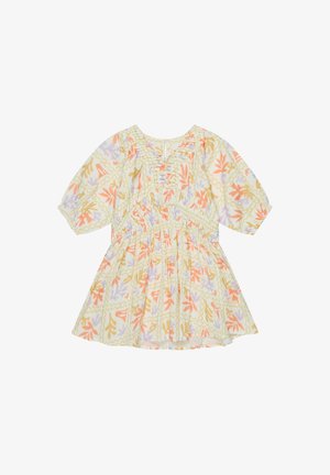 Kurzes Kinderkleid mit Puffärmeln, Blumenmuster in Pastellorange, Gelb und Lavendel auf weißem Hintergrund.