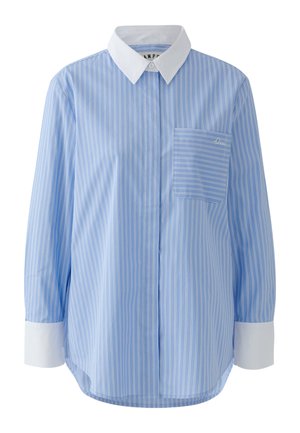 Blue and white vertical striped long-sleeve shirt with white collar and cuffs, featuring a front chest pocket with horizontal stripes.