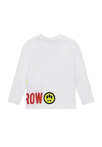 T-shirt bianco a maniche lunghe con testo rosso in grassetto che recita "ROW" e una grafica di faccina sorridente gialla con dettagli neri nell'angolo in basso a destra.