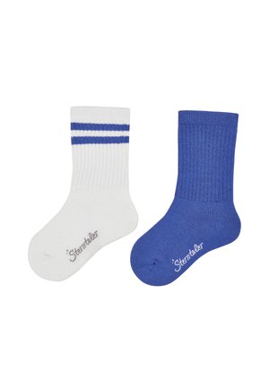 White and blue cotton socks; white sock with blue stripes, blue sock with ribbed texture. Both feature brand logo on the sole.
