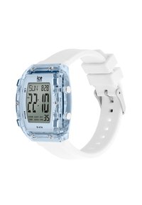 Montre numérique avec un boîtier en plastique bleu transparent, un bracelet en silicone blanc, un affichage LCD et des boutons en argent. Résistante à l'eau jusqu'à 10 ATM.