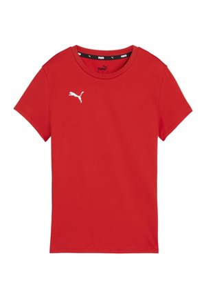 Rotes Baumwoll-T-Shirt mit rundem Halsausschnitt, kurzen Ärmeln und einem weißen Puma-Logo auf der linken Brustseite. Weiche Textur, lässige Passform.