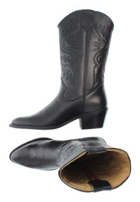 Black leather cowboy boots with a pointed toe, decorative stitching, and a mid-heel. Interior lined with tan fabric, featuring intricate patterns.
