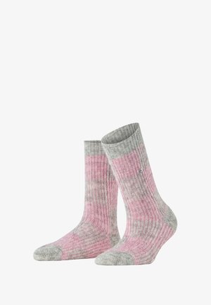 Gray and pink striped ribbed socks with a reinforced toe, contrasting colors, and a small logo detail on the side. Soft texture.