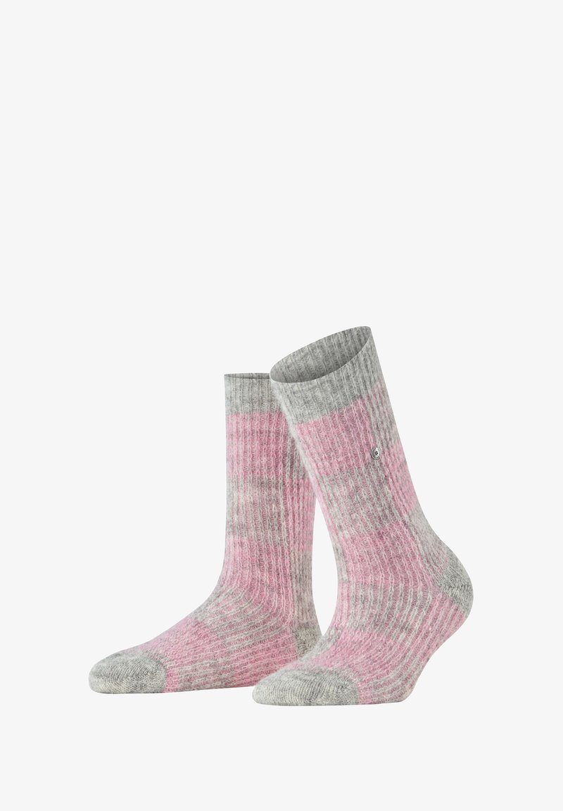 Gray and pink striped ribbed socks with a reinforced toe, contrasting colors, and a small logo detail on the side. Soft texture.