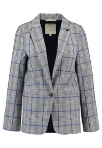 Kostkovaný blazer v šedé a bílé barvě s modrými akcenty. Obsahuje klopový límec, uzavření na jeden knoflík a dvě přední kapsy.