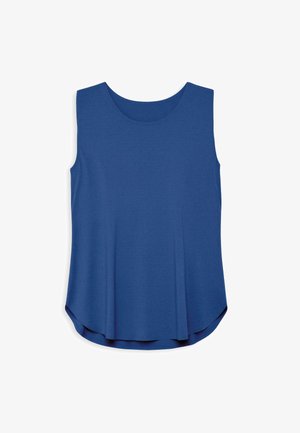Haut bleu sans manches avec texture perforée, encolure ronde et forme trapèze avec un ourlet légèrement arrondi.
