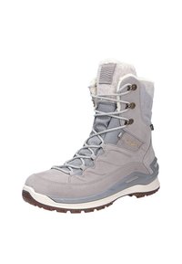 Lichtgrijze waterdichte laars met een bovenwerk van suede en textiel, een met bont gevoerde kraag, metalen veterogen en een rubberen zool met een grippatroon.
