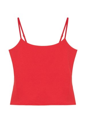 Top court rouge sans manches avec fines bretelles réglables, tissu lisse et encolure droite.