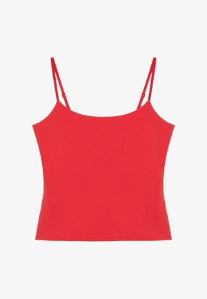 Rotes ärmelloses bauchfreies Oberteil mit dünnen verstellbaren Schulterträgern, glattem Stoff und einem geraden Ausschnitt.