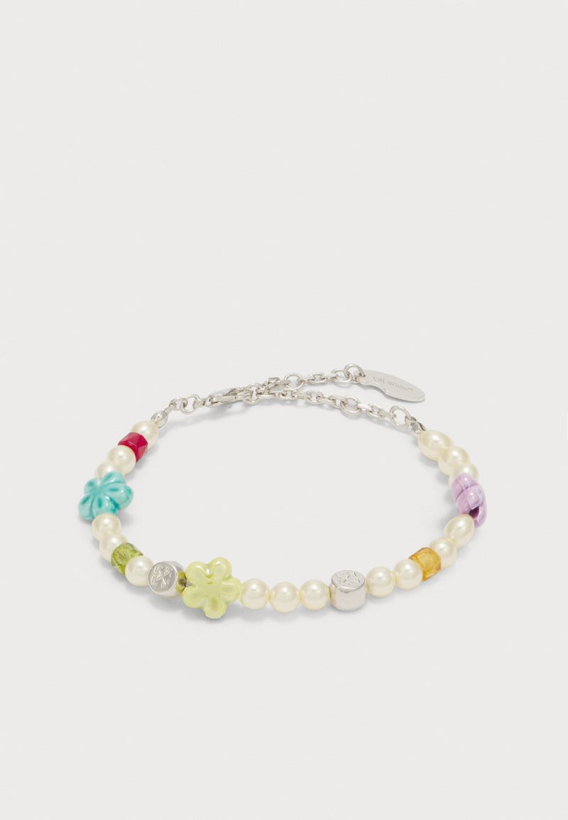 Ασημένιο βραχιόλι αλυσίδα με λευκές πέρλες, πολύχρωμες χάντρες σε σχήμα λουλουδιού και στρογγυλές σε μπλε, πράσινο, κόκκινο, κίτρινο, πορτοκαλί και μωβ.