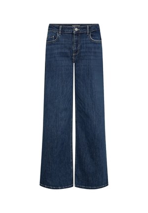 Jean denim bleu foncé à jambes larges avec bouton et fermeture éclair à l'avant, passants de ceinture et style cinq poches.