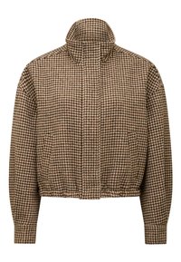 Brun og beige houndstooth-jakke med høj krave, elastisk kant og lange ærmer. Har sidelommer og tekstureret stof.