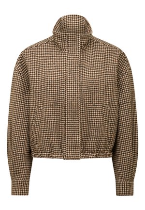 Brun og beige houndstooth-jakke med høj krave, elastisk kant og lange ærmer. Har sidelommer og tekstureret stof.