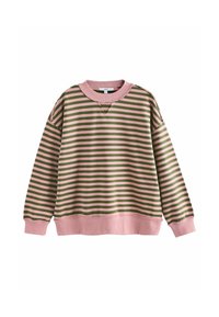 La felpa a righe presenta righe orizzontali alternate verdi e rosa, colletto a girocollo ribattuto e polsini e orlo rosa. Texture del tessuto morbida.