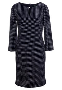 Námořnická modrá šaty s bílými puntíky, kulatým výstřihem, detaily ve tvaru klíčové dírky a rukávy do tří čtvrtin. Měkká tkanina se hladkým povrchem.