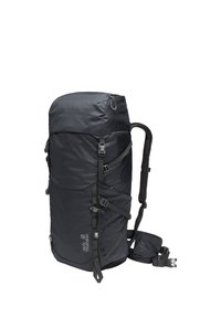 Zaino tecnico da escursionismo nero con più cinghie, scomparti con cerniera, spallacci imbottiti e cintura in vita, in posizione eretta.