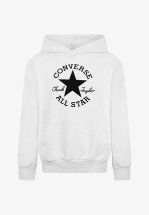 Felpa bianca in fleece con tasca frontale, logo circolare nero con una stella e il testo "Converse Chuck Taylor All Star."