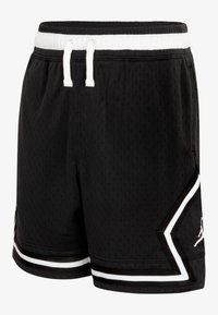 Shorts de sport en maille noire avec cordon blanc, bande blanche à la taille et bordure angulaire blanche sur le côté avec un petit logo.