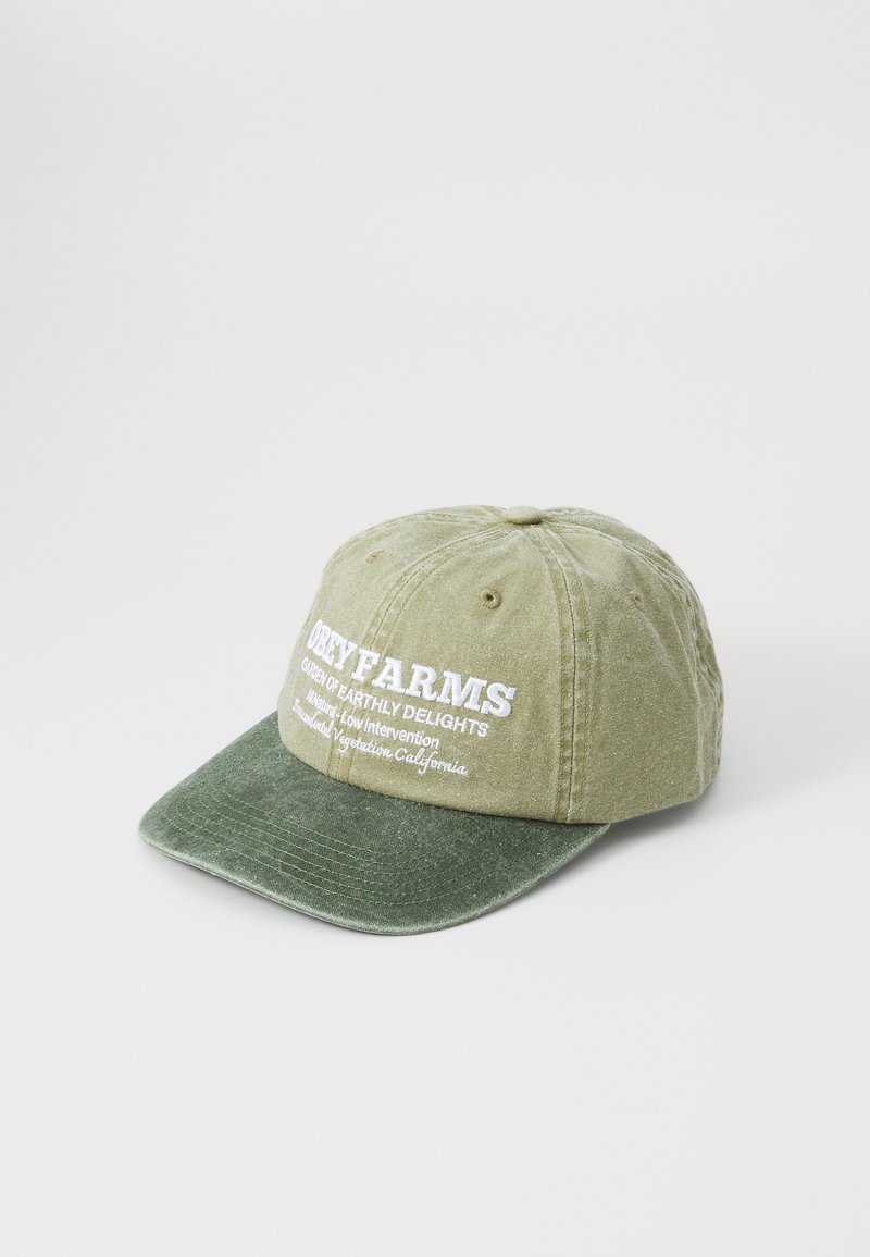 Green cotton cap featuring a stitched white logo, curved brim, and textured fabric, with a darker green visor.