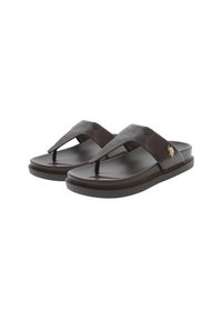 Ciabatte marroni con un footbed testurizzato, cinturini lisci e un accento in oro sul superiore. Design leggero con suola piatta.