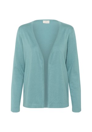 Cardigan bleu clair en tissu doux, avec une ouverture en V, des manches longues et une coupe décontractée sans boutons.