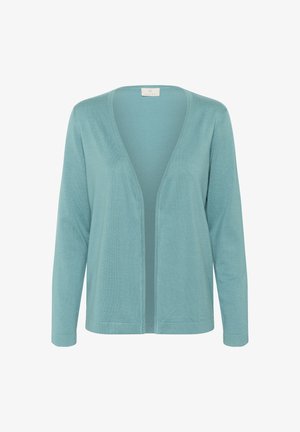 Light blue cardigan made of soft fabric, featuring a V-neck opening, long sleeves, and a relaxed fit with no fastenings.