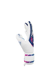Witte keepershandschoen met blauwe en roze accenten, gestructureerde grip en ademend materiaal; voorzien van vingerbescherming en een veilige polsband.