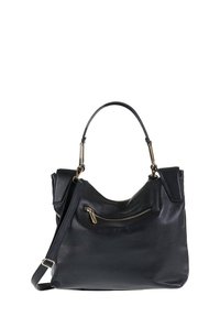 Zwarte leren handtas met een gestructureerde afwerking, enkele bovenhandgreep en een verstelbare schouderriem. Voorzien van een voorvak met rits en gouden hardwaren.