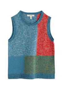 Ärmelloser Pullover mit einem strukturierten Strickdesign, das blaue, rote und grüne Blöcke zeigt, mit geripptem Ausschnitt und Saum, aus biologischer Baumwolle gefertigt.