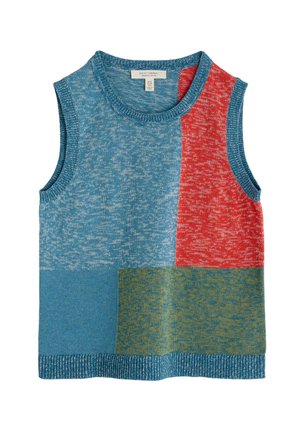 Gilet senza maniche con un design a maglia testurizzata che presenta blocchi blu, rossi e verdi, colletto e orlo a coste, realizzato in cotone biologico.